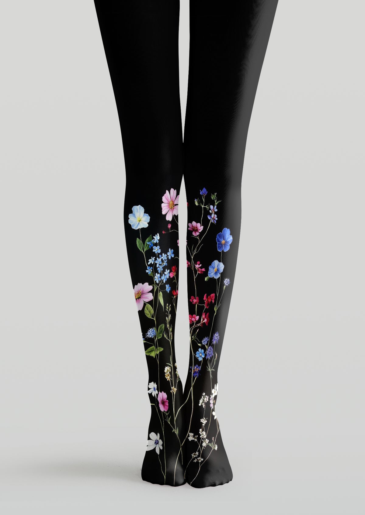 Black Printed Tights with colorful botanical floral flower and stem patterns