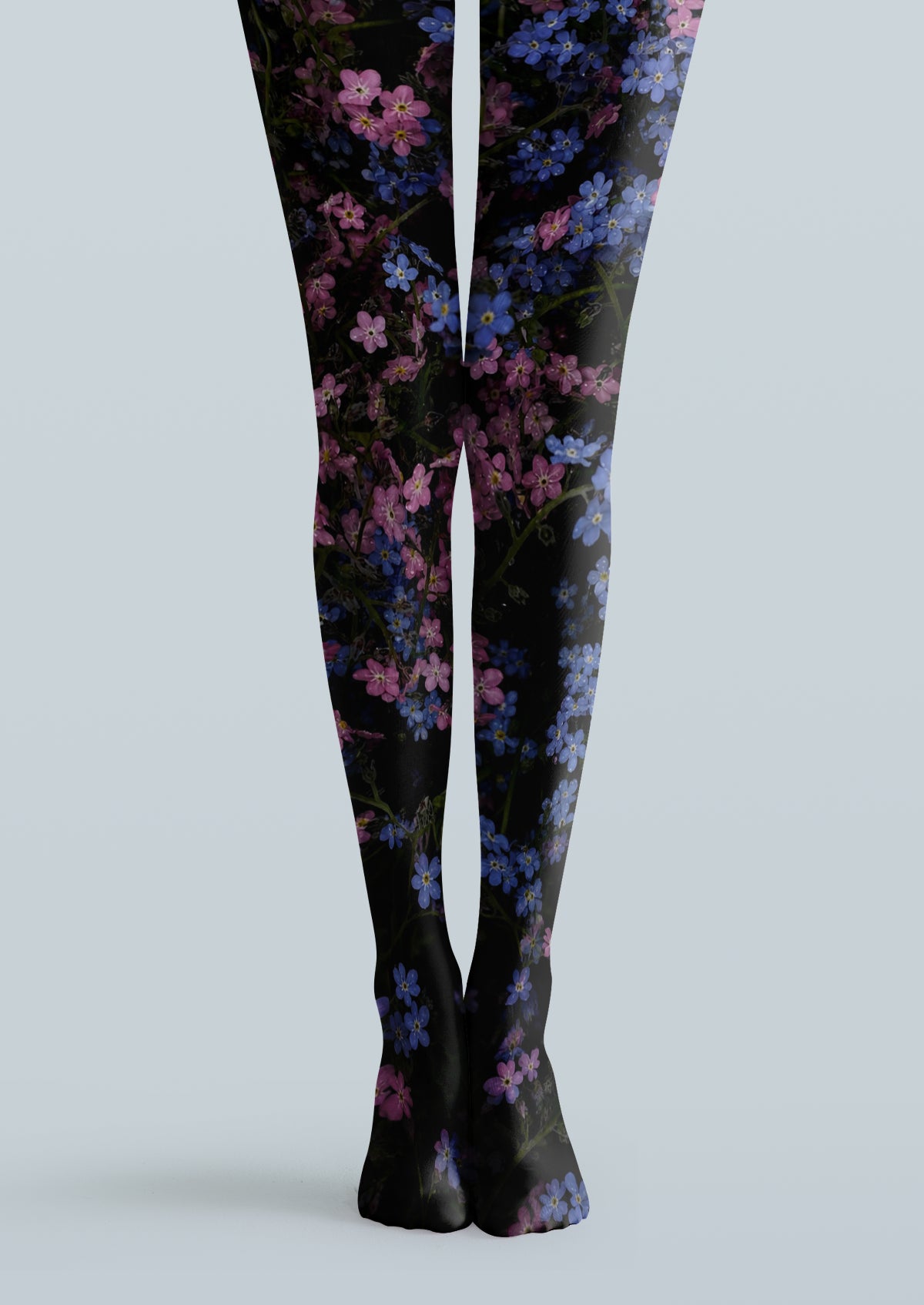 Black Pink Blue Printed Tights with floral flower clusters and botanical branch patterns