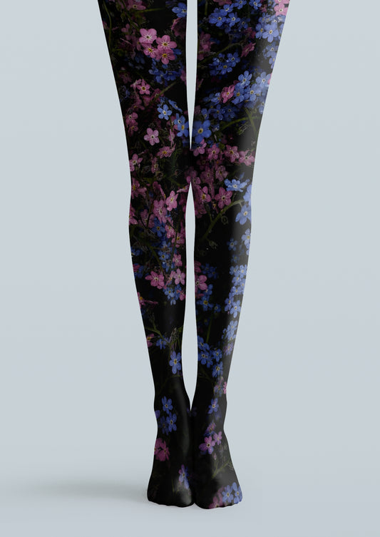 Black Pink Blue Printed Tights with floral flower clusters and botanical branch patterns