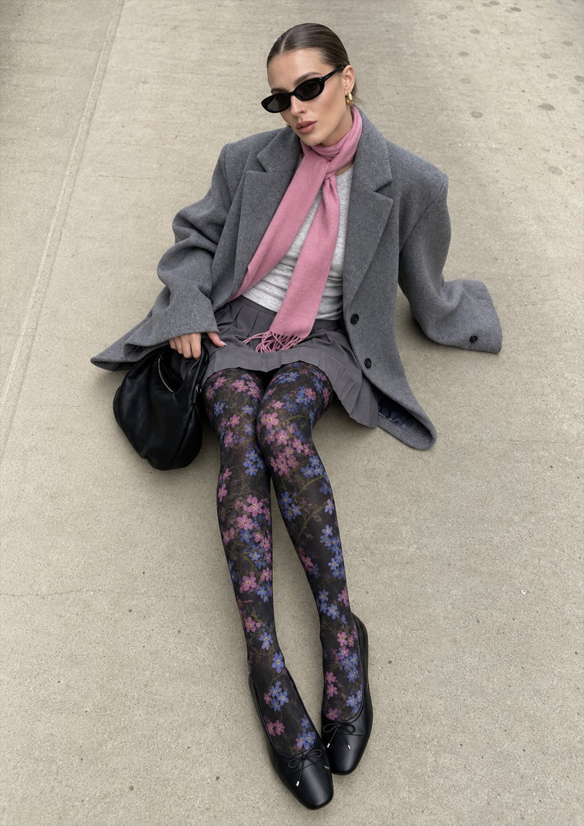 Black Pink Blue Floral Tights