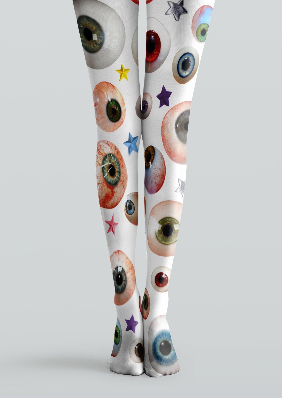 White printed tights with realistic multicolored eyeball patterns and colorful stars.