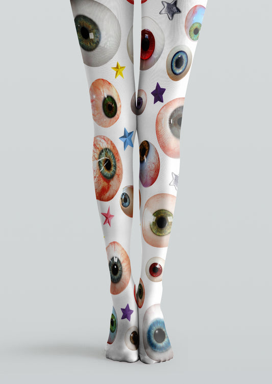 White printed tights with realistic multicolored eyeball patterns and colorful stars.