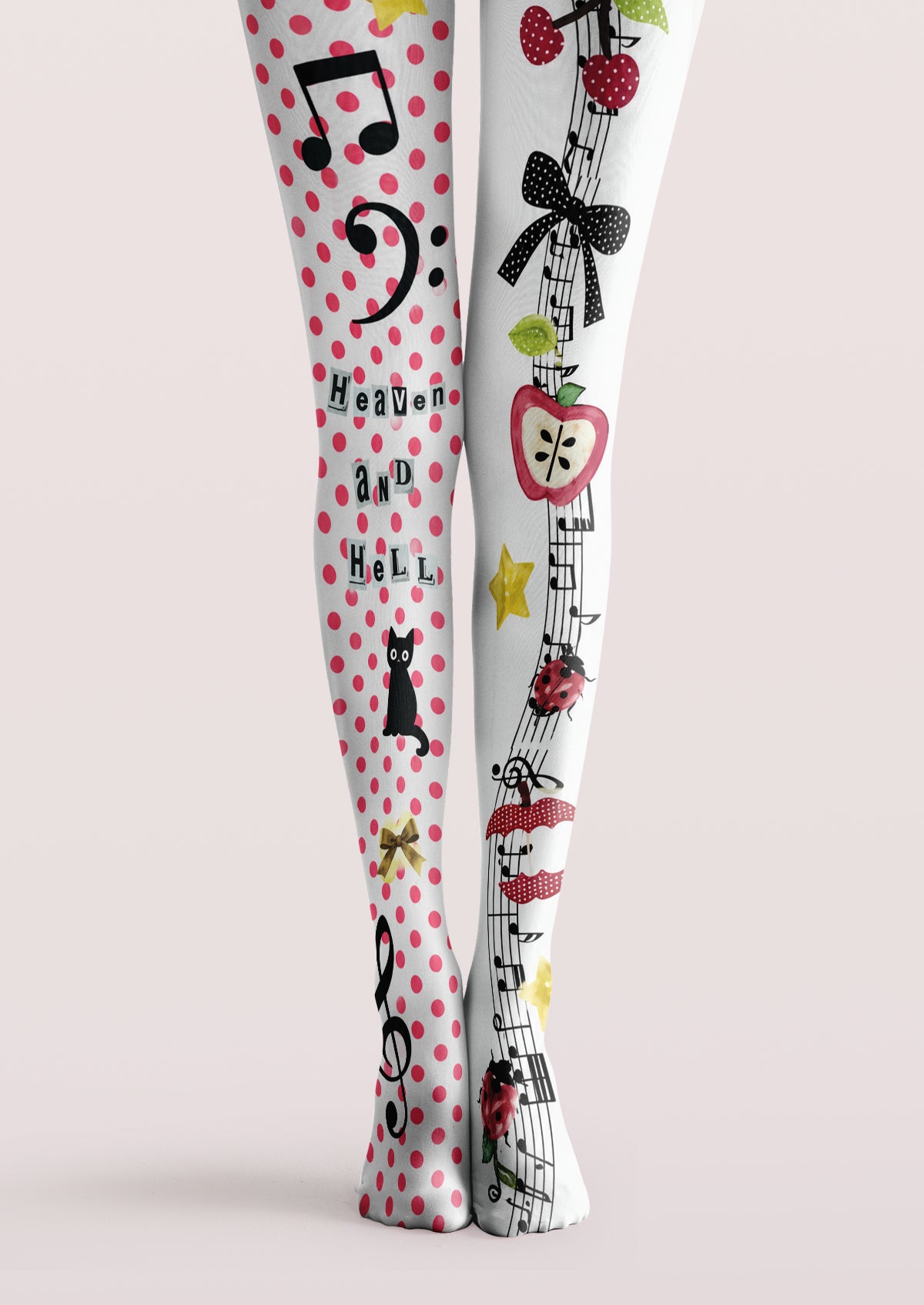 White printed tights with pink polka dots, musical notes, a black cat, cherries, bows and stars.