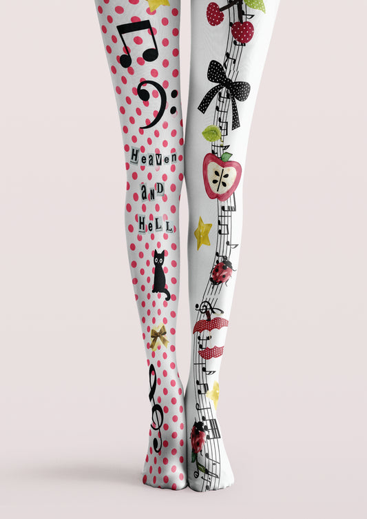 White printed tights with pink polka dots, musical notes, a black cat, cherries, bows and stars.