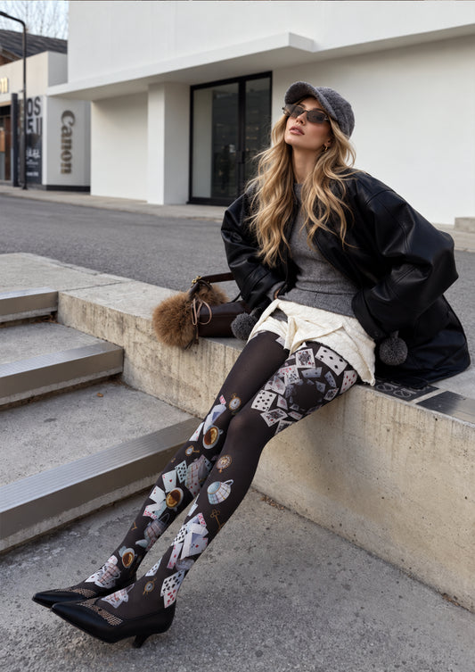Black Playing Card and Teacup Tights