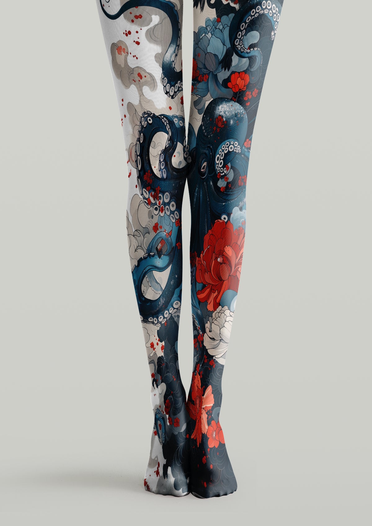 Blue printed tights featuring a Ukiyo-e-style octopus, curling tentacles, red blossoms and cream flowers.