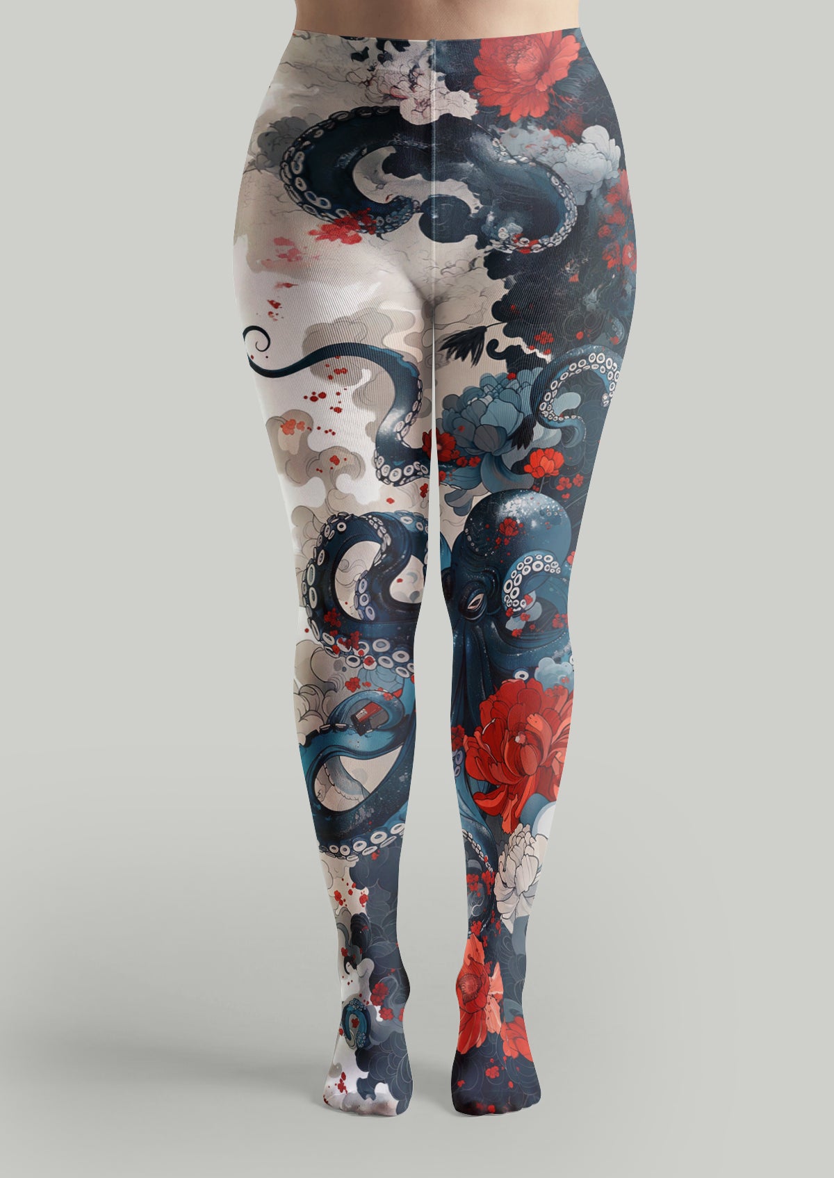 Blue Ukiyo-e Octopus and Floral Tights