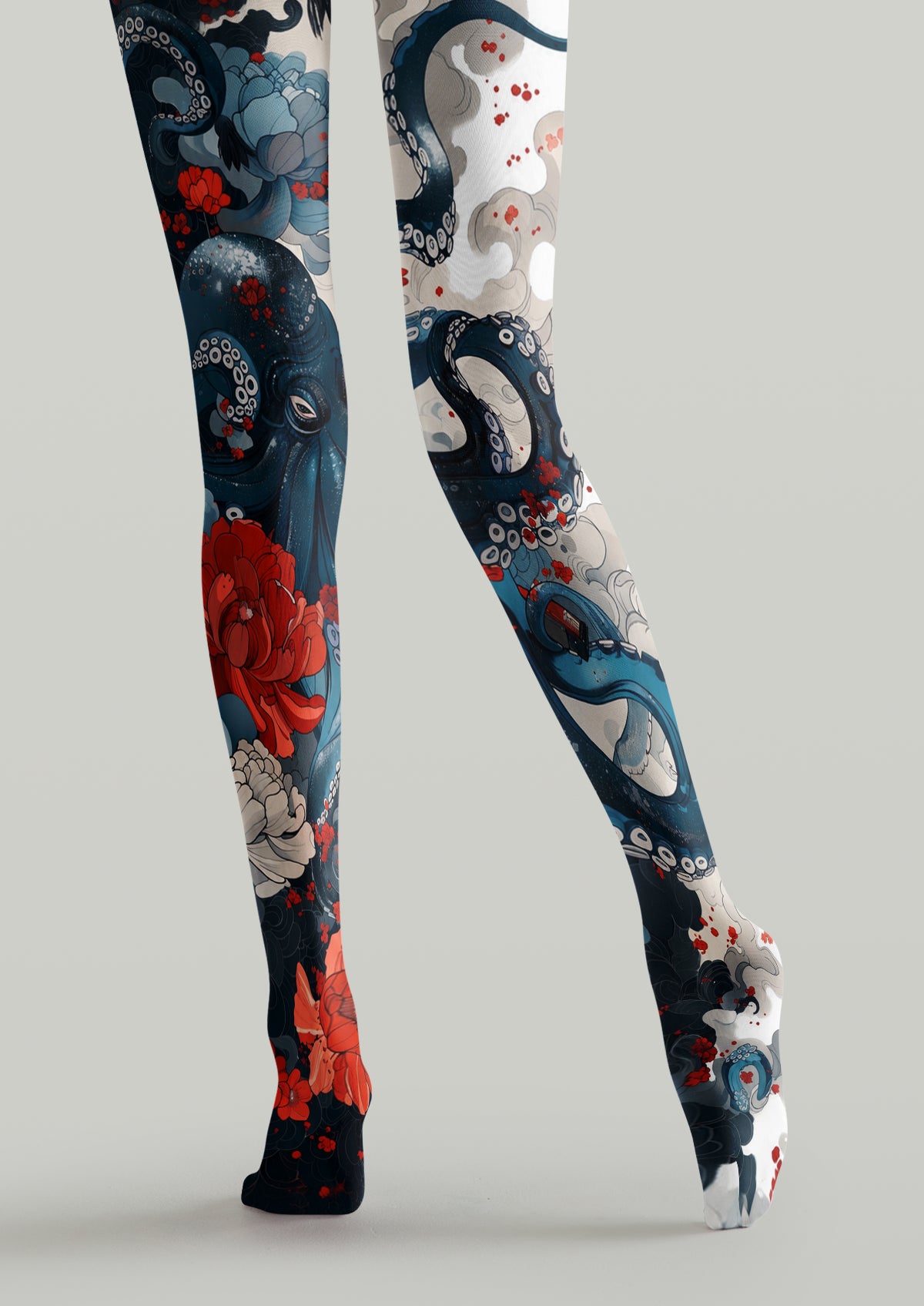 Blue Ukiyo-e Octopus and Floral Tights