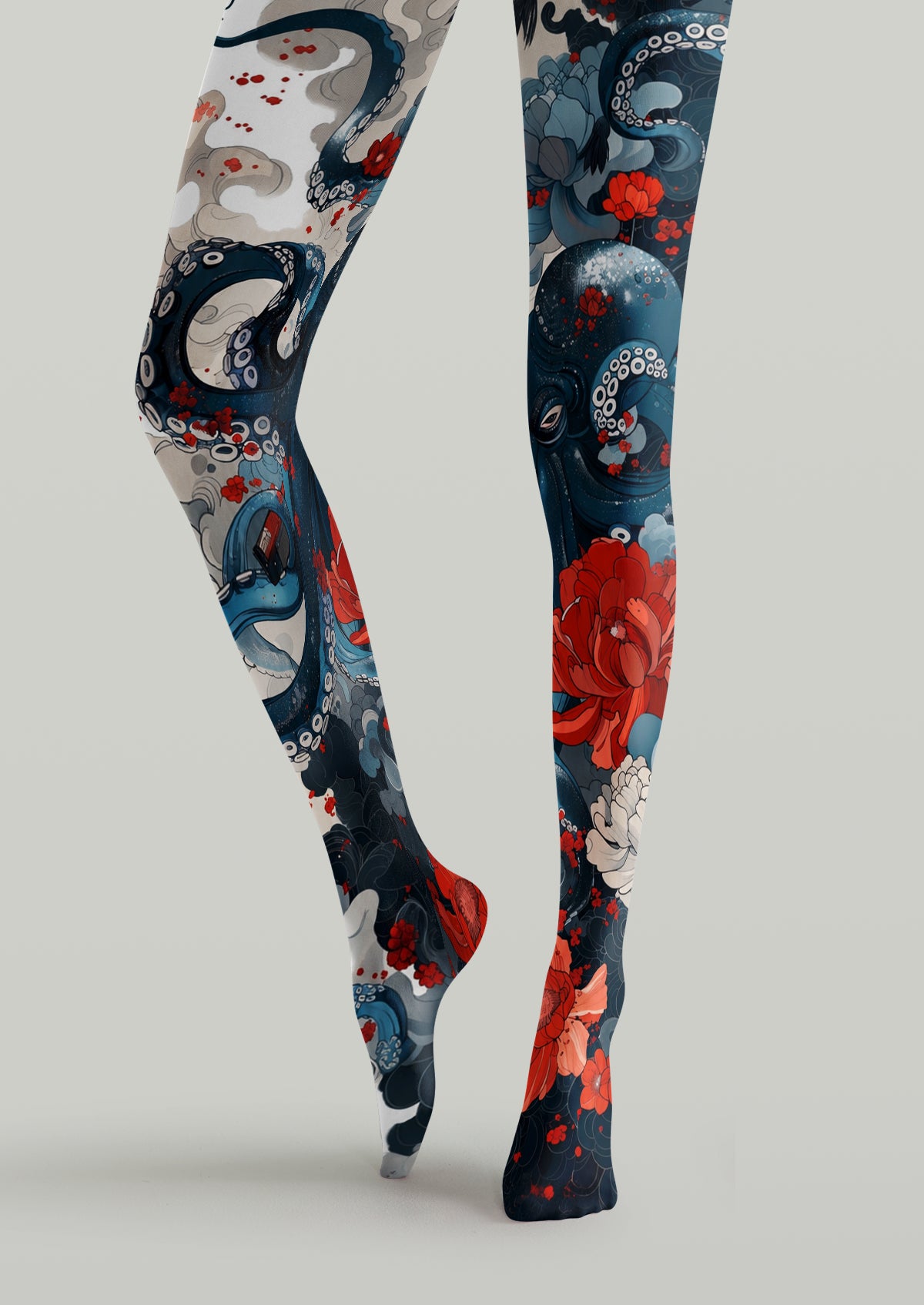 Blue Ukiyo-e Octopus and Floral Tights