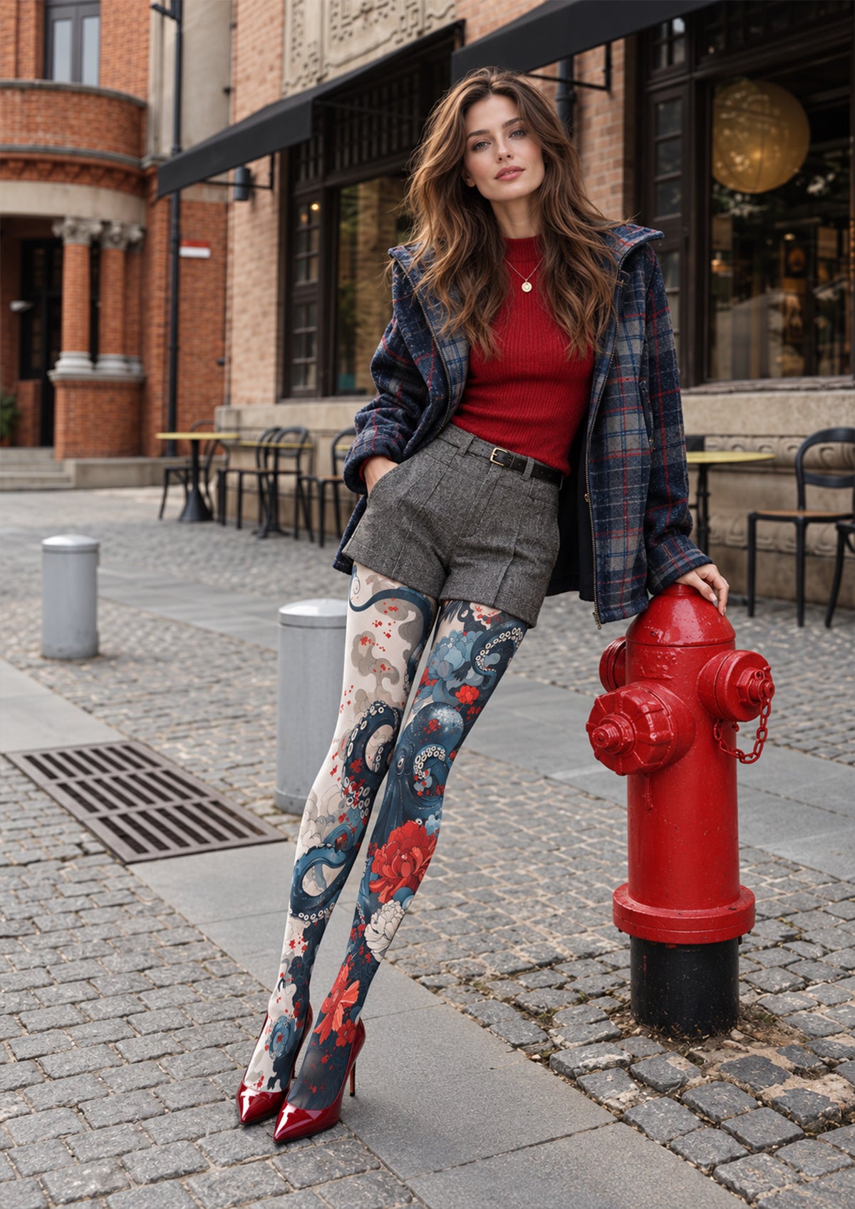Blue Ukiyo-e Octopus and Floral Tights