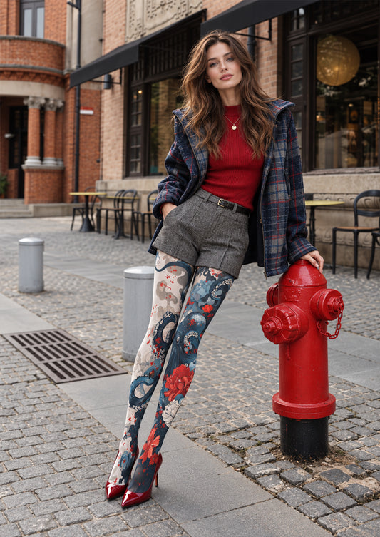 Blue Ukiyo-e Octopus and Floral Tights