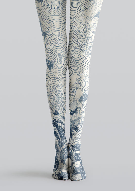 White and blue printed tights featuring Japanese-inspired waves, curling crests and detailed ocean linework.