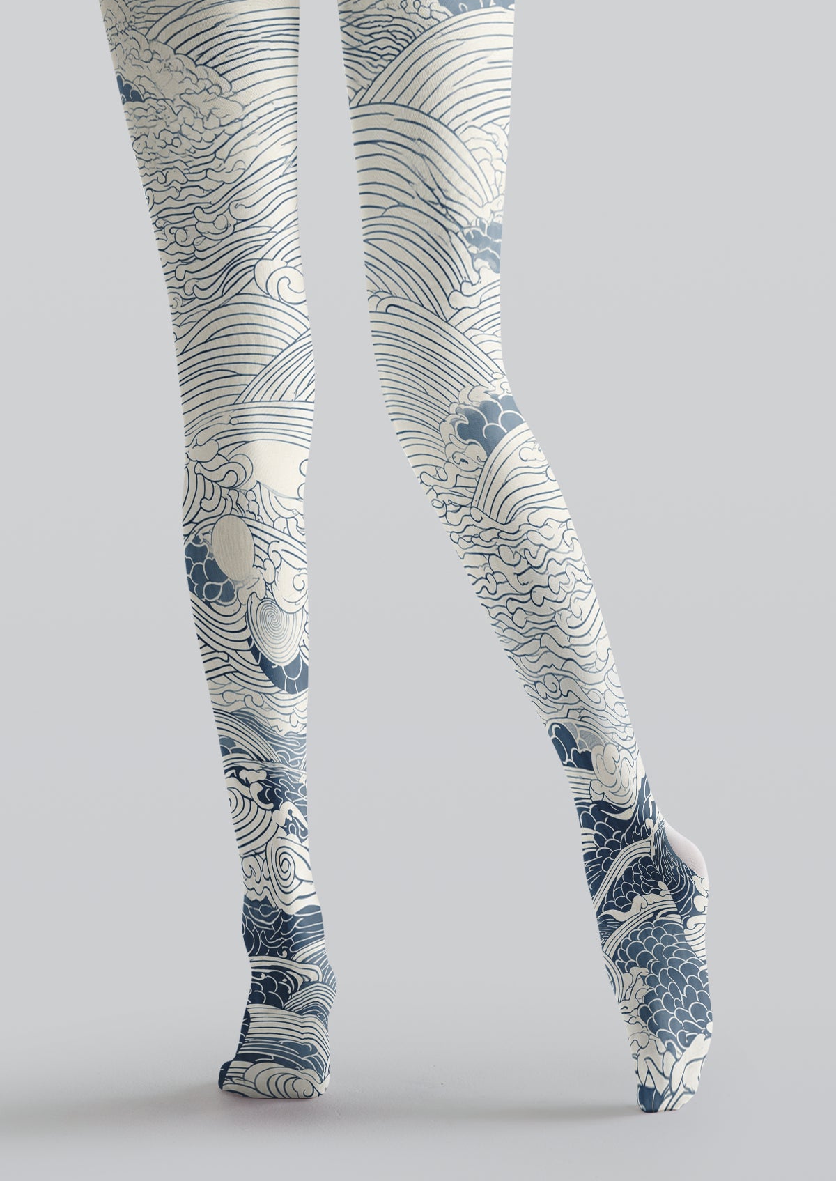White and Blue Ukiyo-e Wave Tights