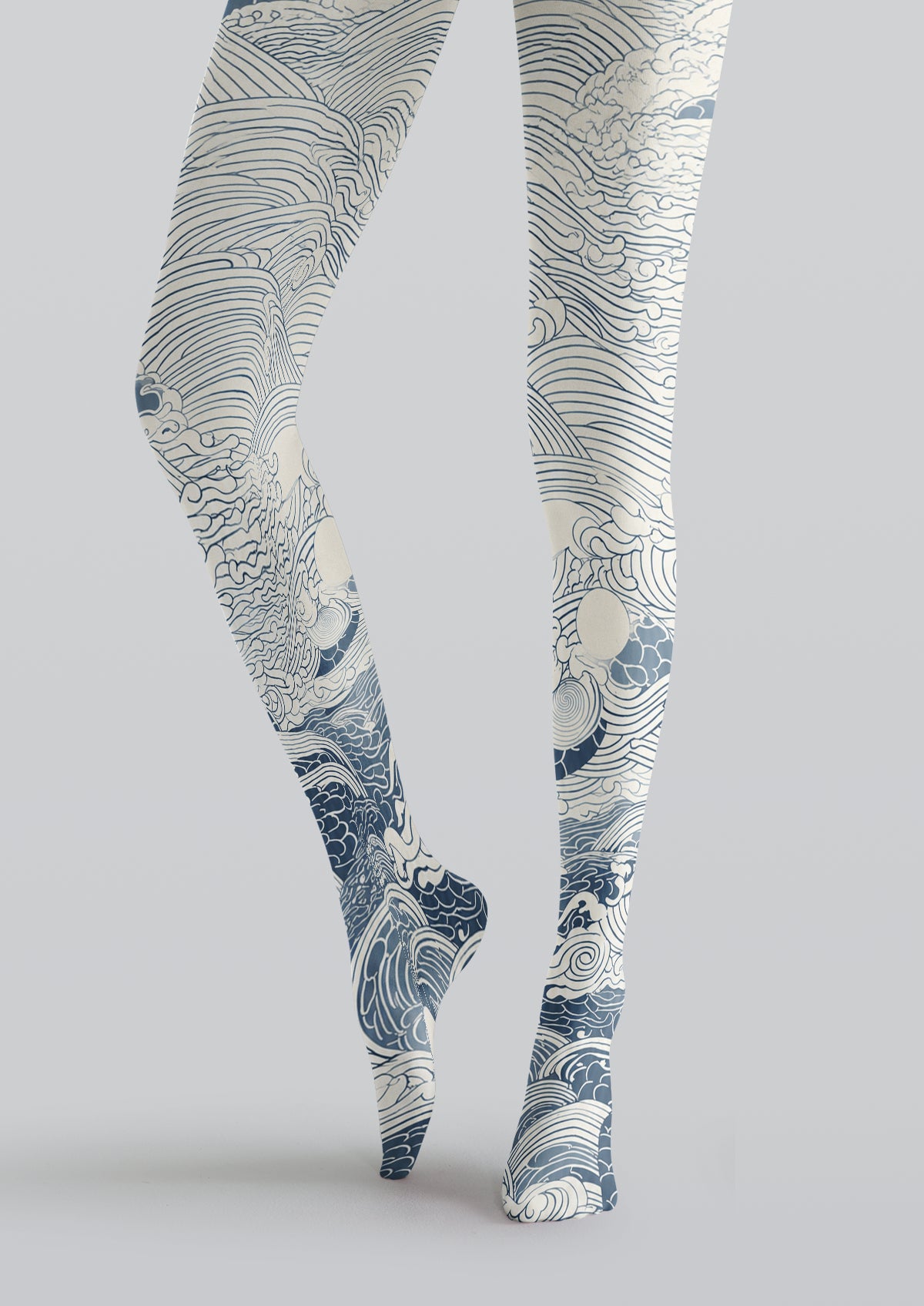 White and Blue Ukiyo-e Wave Tights