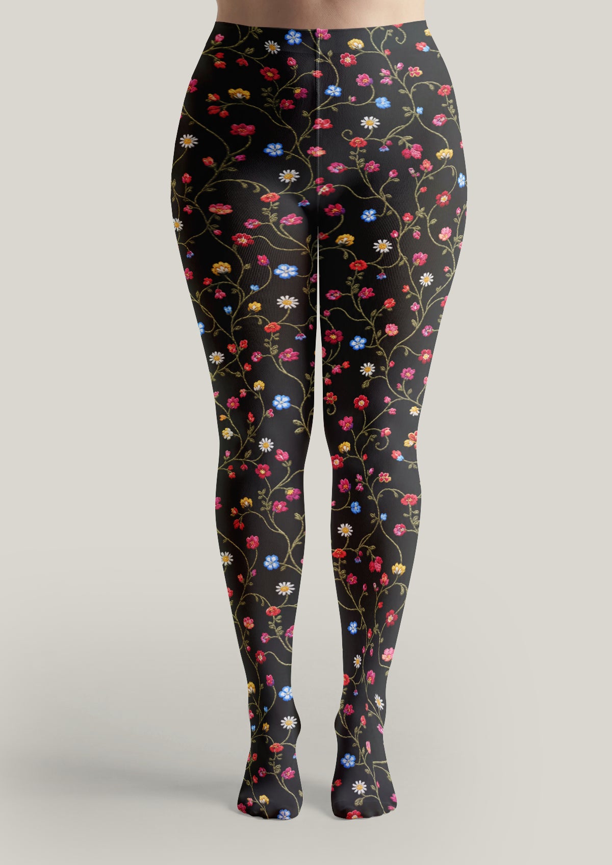 Black Multicolor Embroidered Look Floral Tights