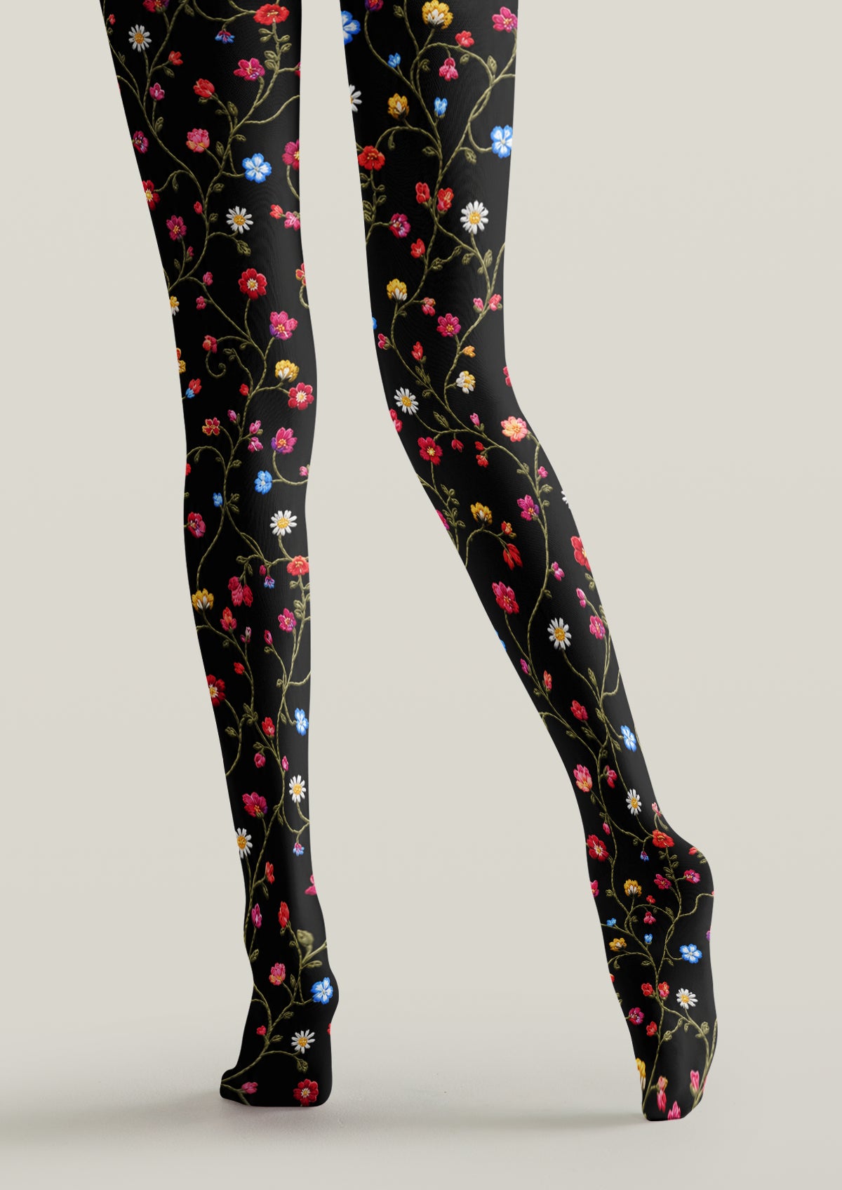Black Multicolor Embroidered Look Floral Tights