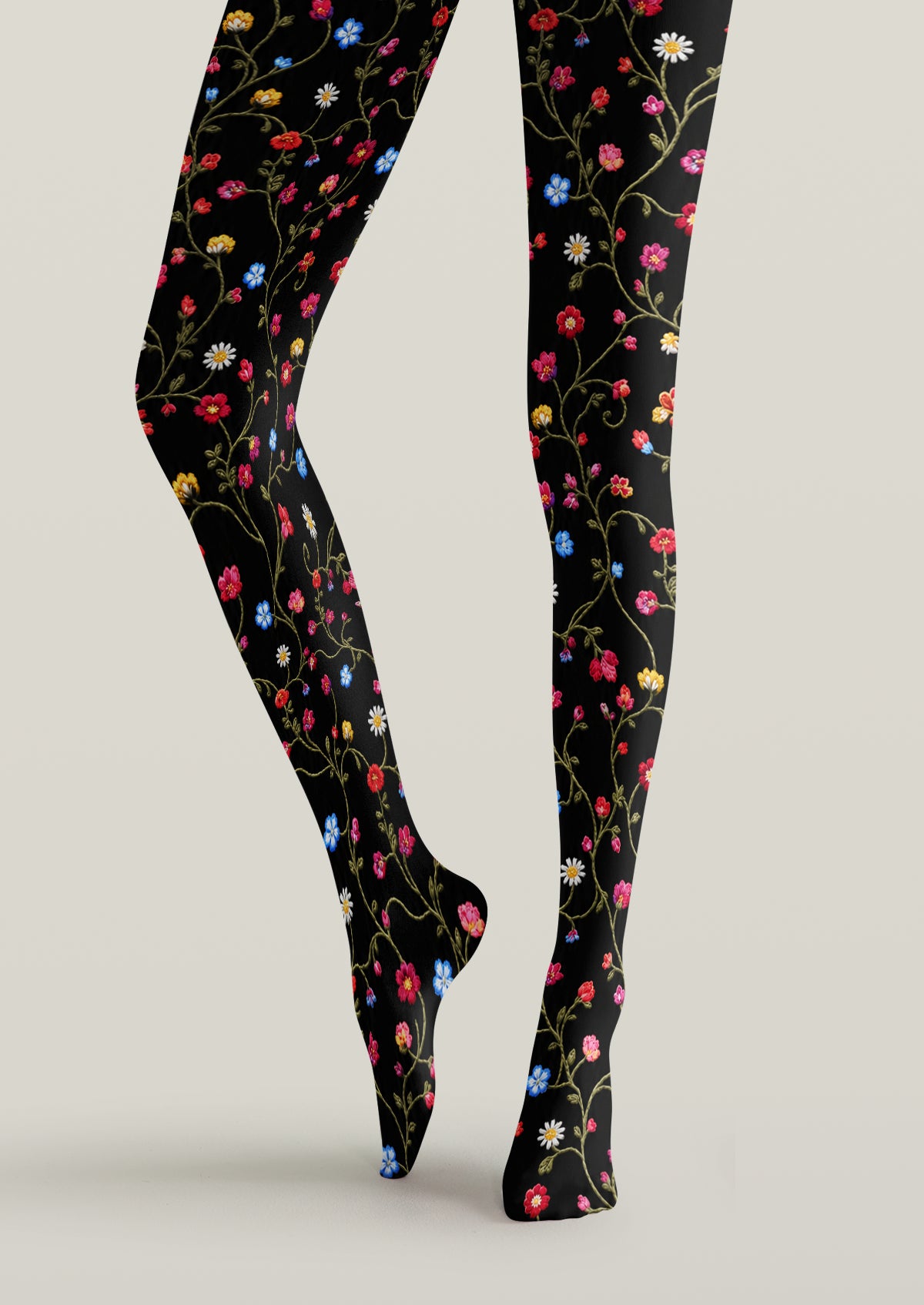 Black Multicolor Embroidered Look Floral Tights