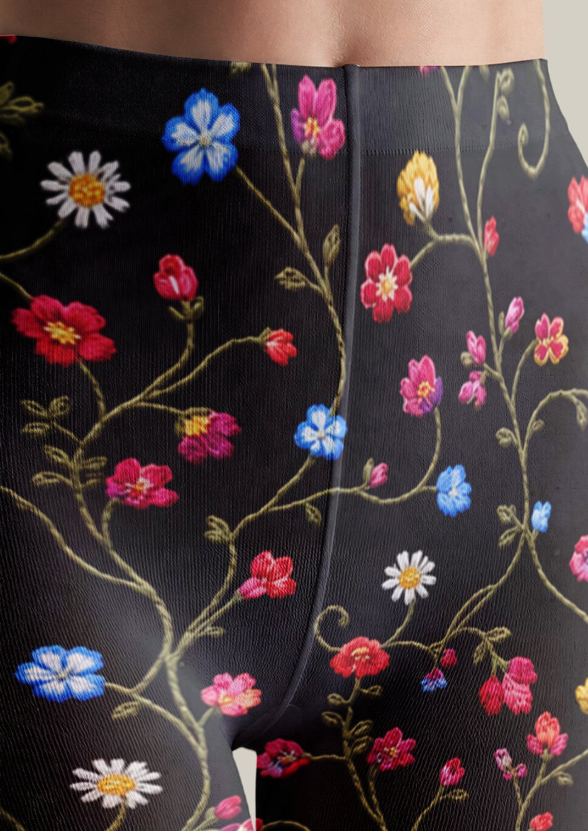 Black Multicolor Embroidered Look Floral Tights