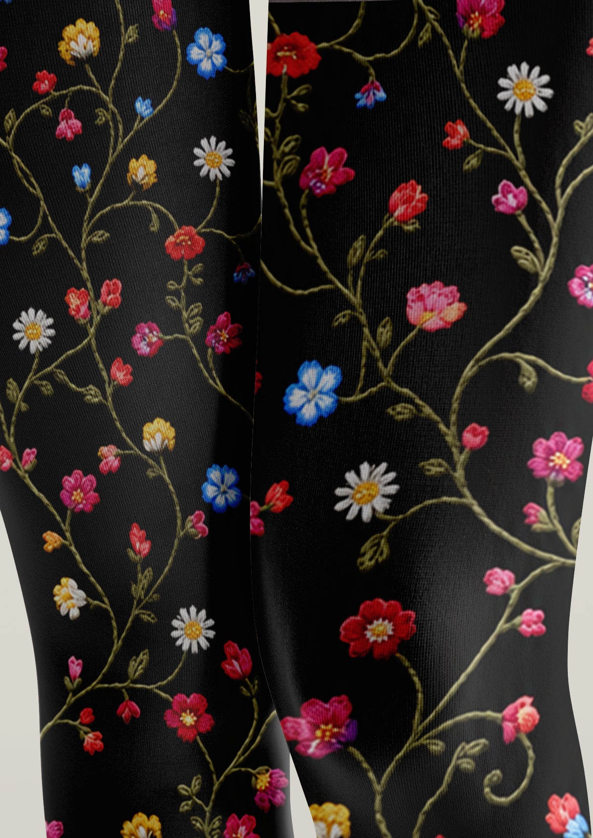 Black Multicolor Embroidered Look Floral Tights