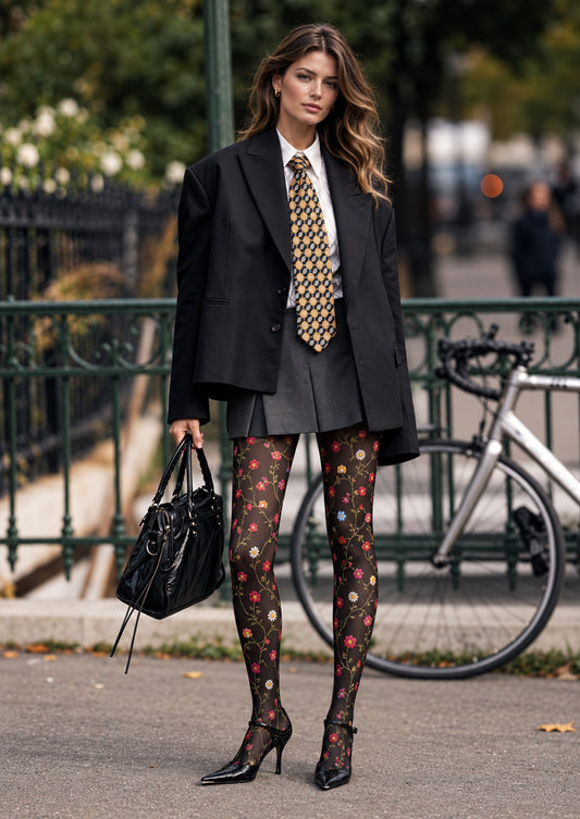 Black Multicolor Embroidered Look Floral Tights