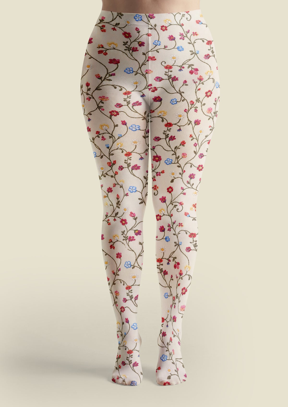 Ivory Multicolor Embroidered Look Floral Tights