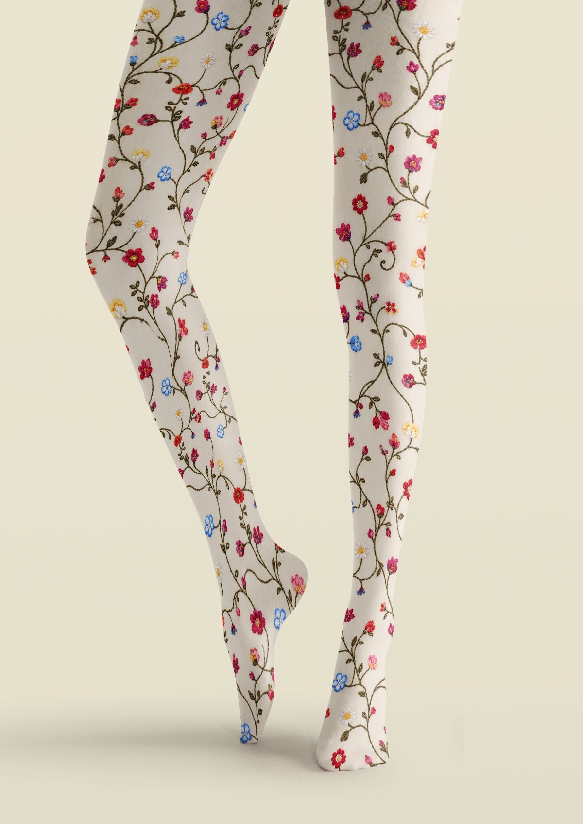 Ivory Multicolor Embroidered Look Floral Tights