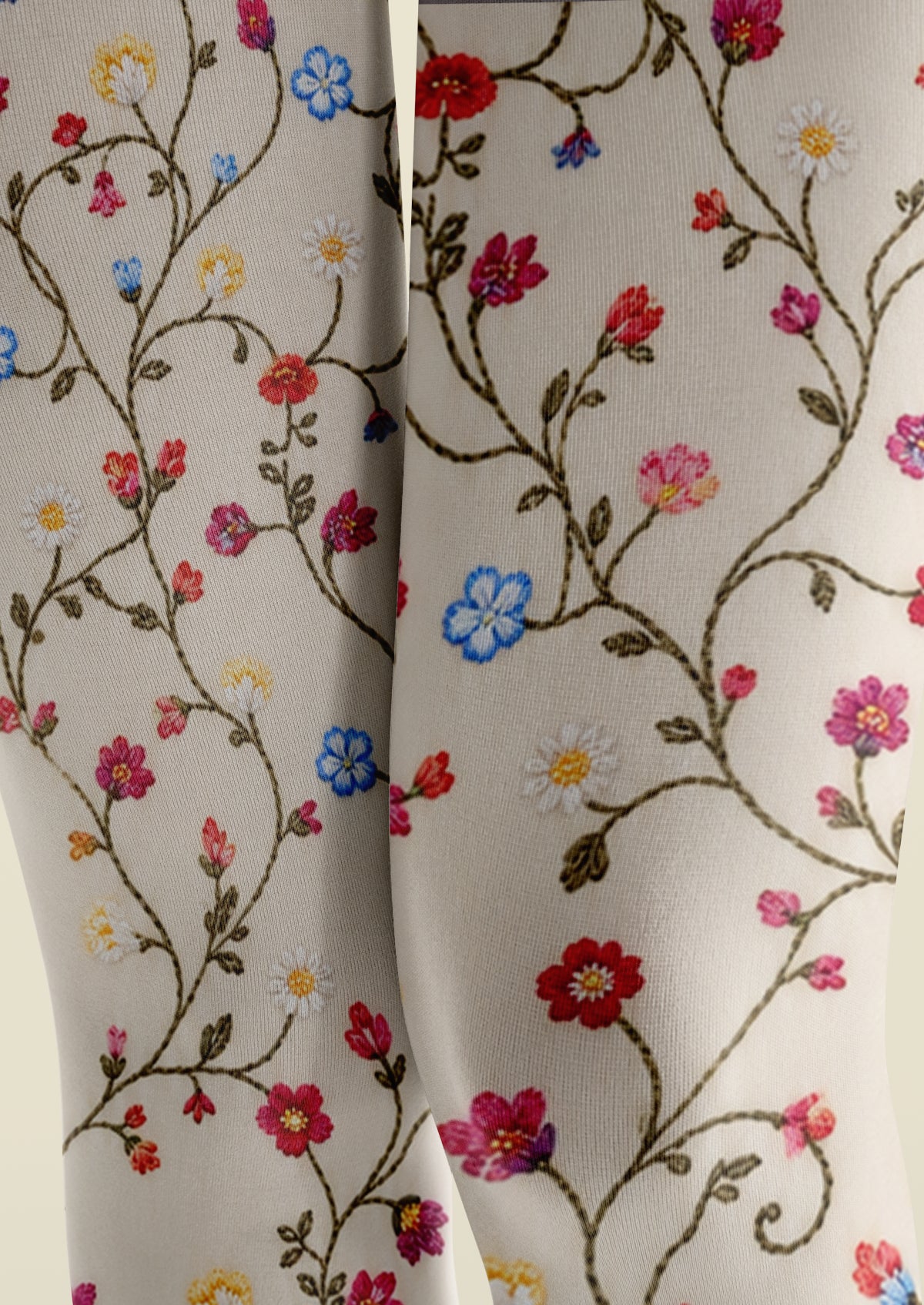 Ivory Multicolor Embroidered Look Floral Tights