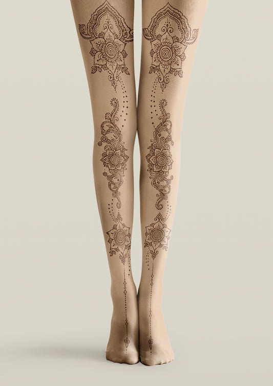 Beige printed tights with symmetrical brown floral tattoo motifs, ornamental scrollwork, and dotted lines.