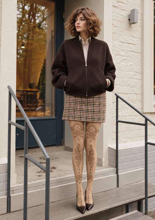 Beige Ornamental Tattoo Tights