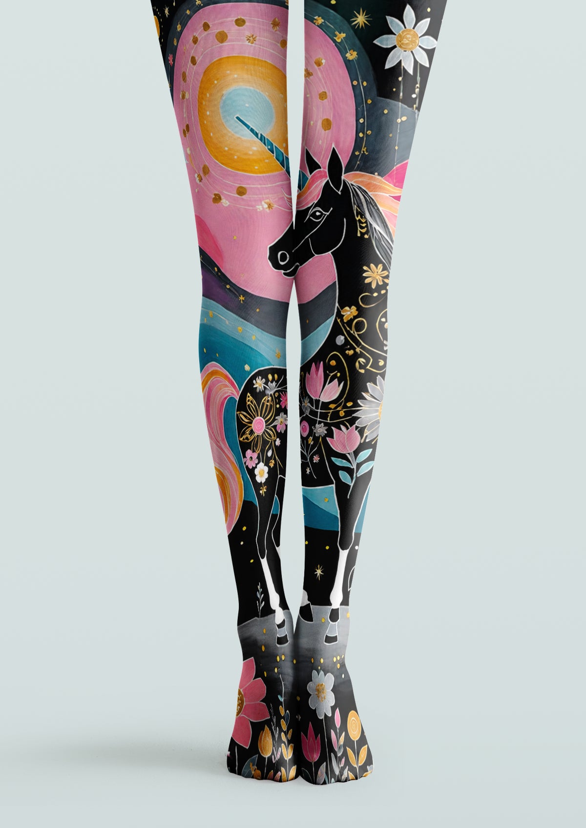 Black printed tights with a unicorn illustration, colorful arcs, stars, sun motif and flowers