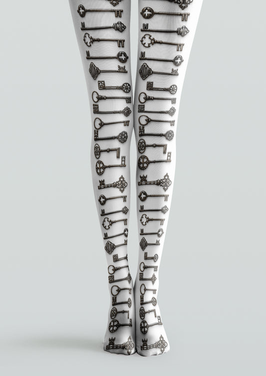 White printed tights with rows of ornate antique-style black and gray key motifs