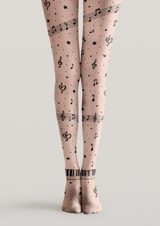 Beige printed tights with black music notes, stars, musical staff lines and piano-key bands