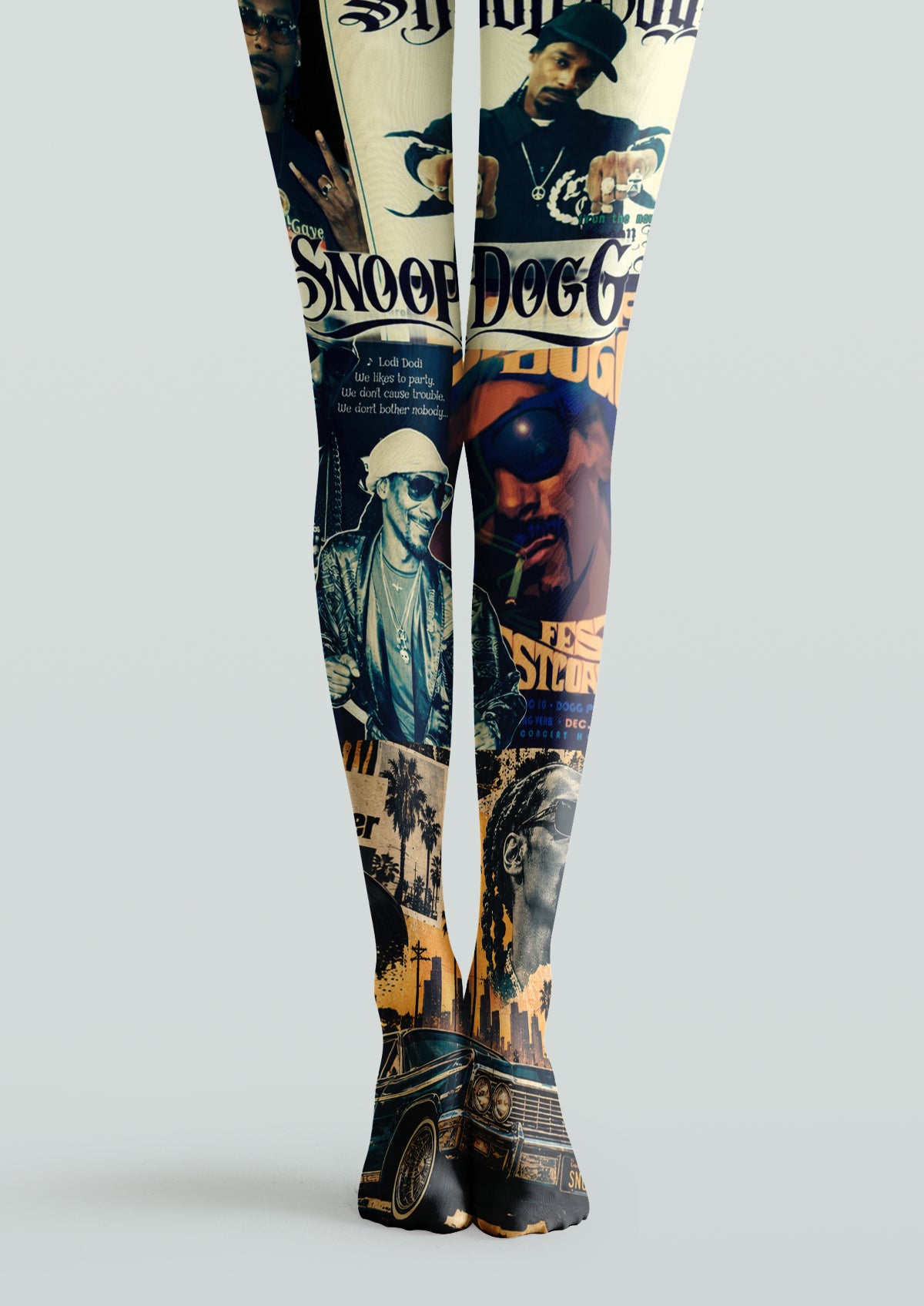 Black printed tights with Snoop Dogg collage portraits, bold lettering, urban scenes and classic car graphics