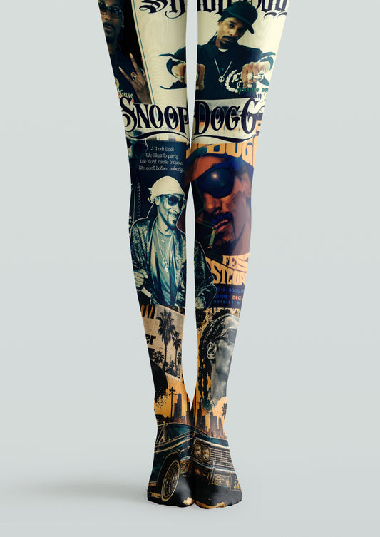 Black printed tights with Snoop Dogg collage portraits, bold lettering, urban scenes and classic car graphics