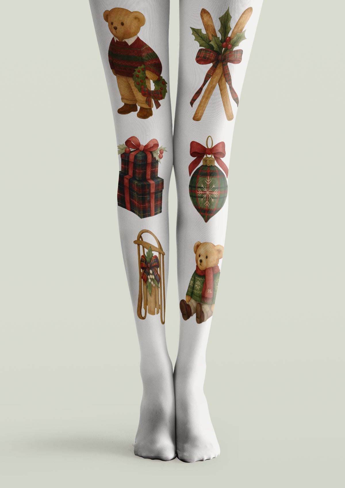 White printed tights with teddy bears, tartan gift boxes, a Christmas ornament and a decorative wooden sled