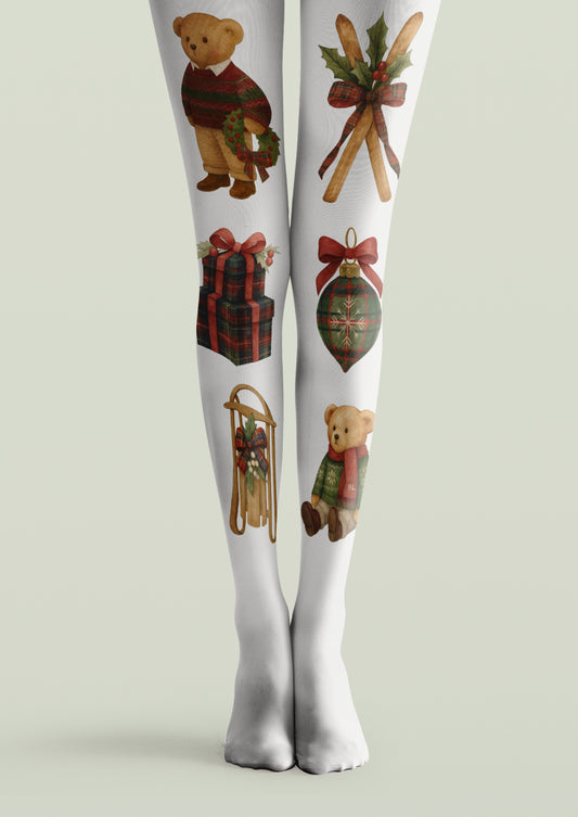 White printed tights with teddy bears, tartan gift boxes, a Christmas ornament and a decorative wooden sled