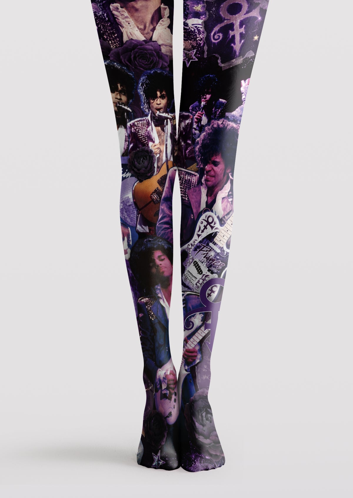 Purple printed tights featuring Prince portraits, guitars, roses, stars and the iconic Love Symbol