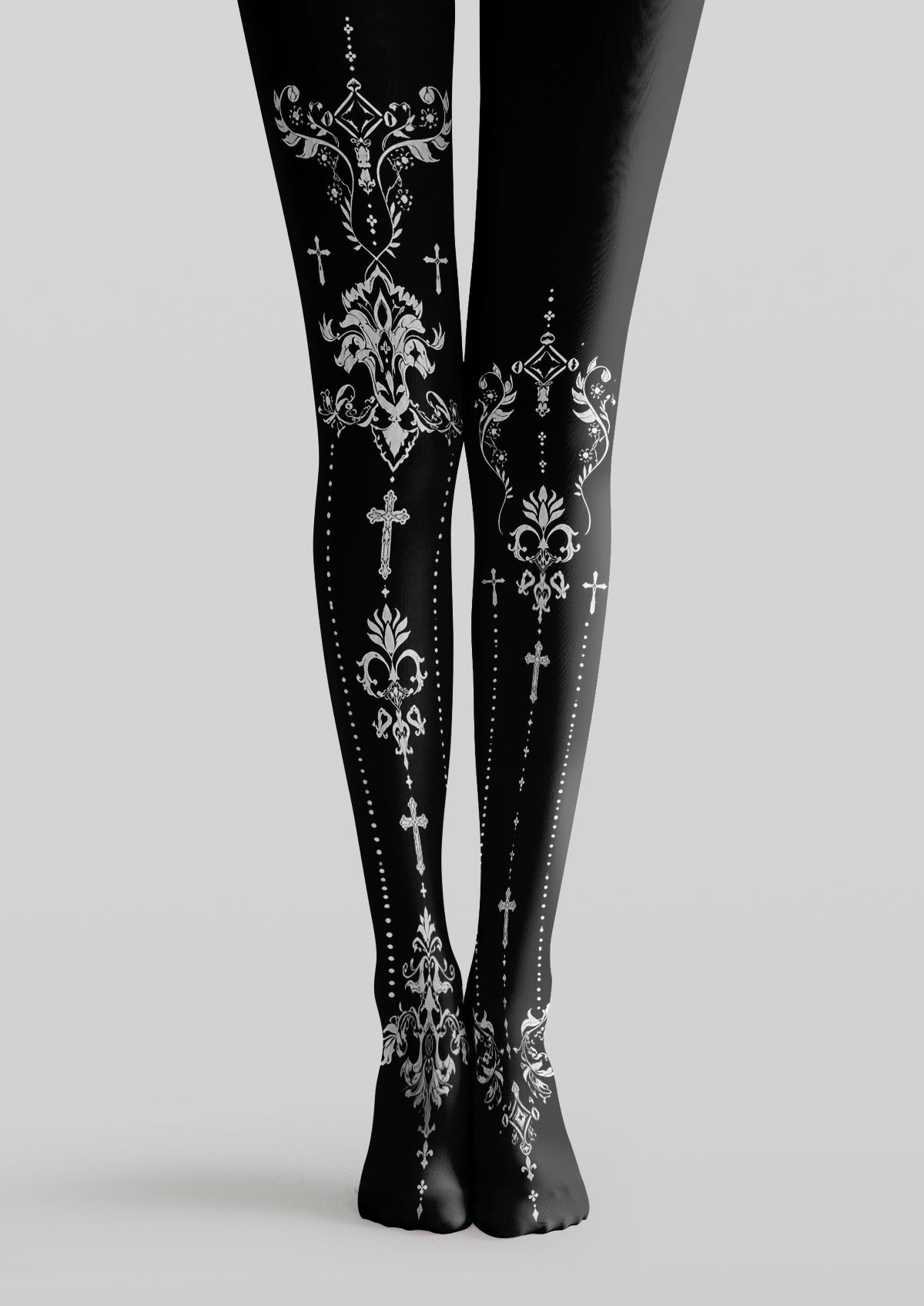 Black printed tights with white gothic crosses, baroque filigree, diamond motifs and dotted lines