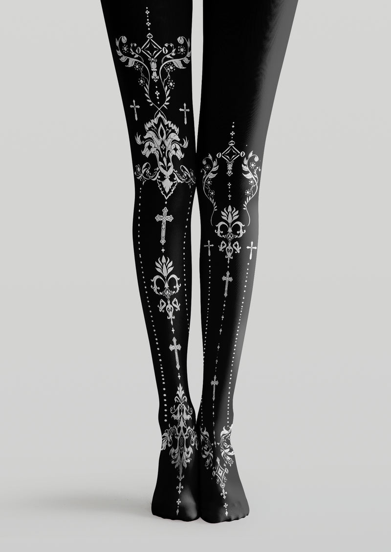 Black printed tights with white gothic crosses, baroque filigree, diamond motifs and dotted lines