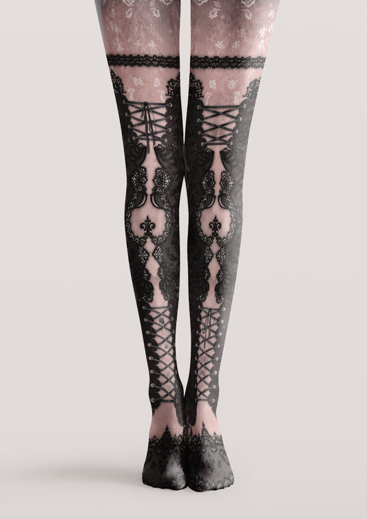 Pink printed tights with black corset-style lacing, ornate lace panels and delicate floral motifs