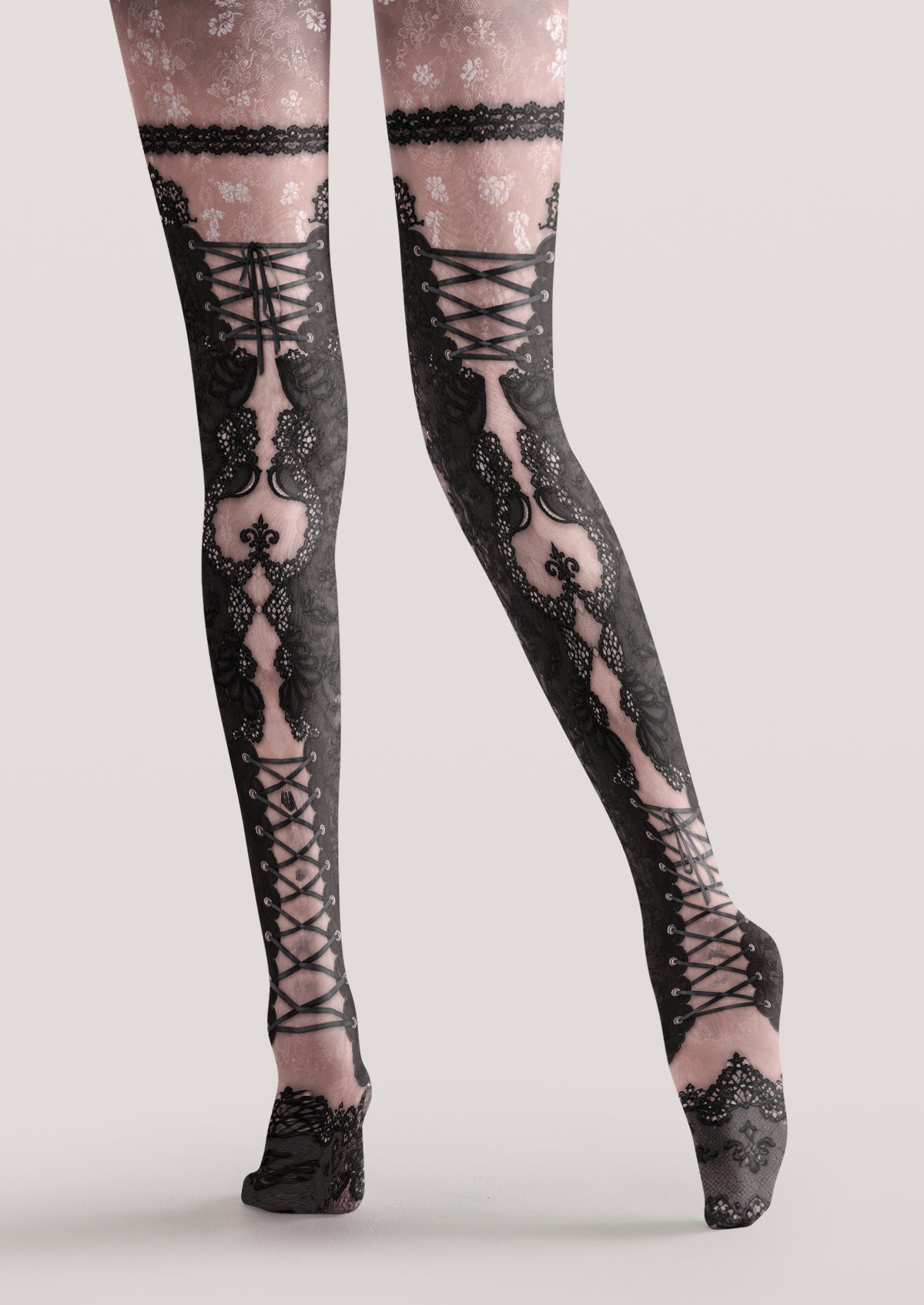 Pink Black Lace-Up Tights