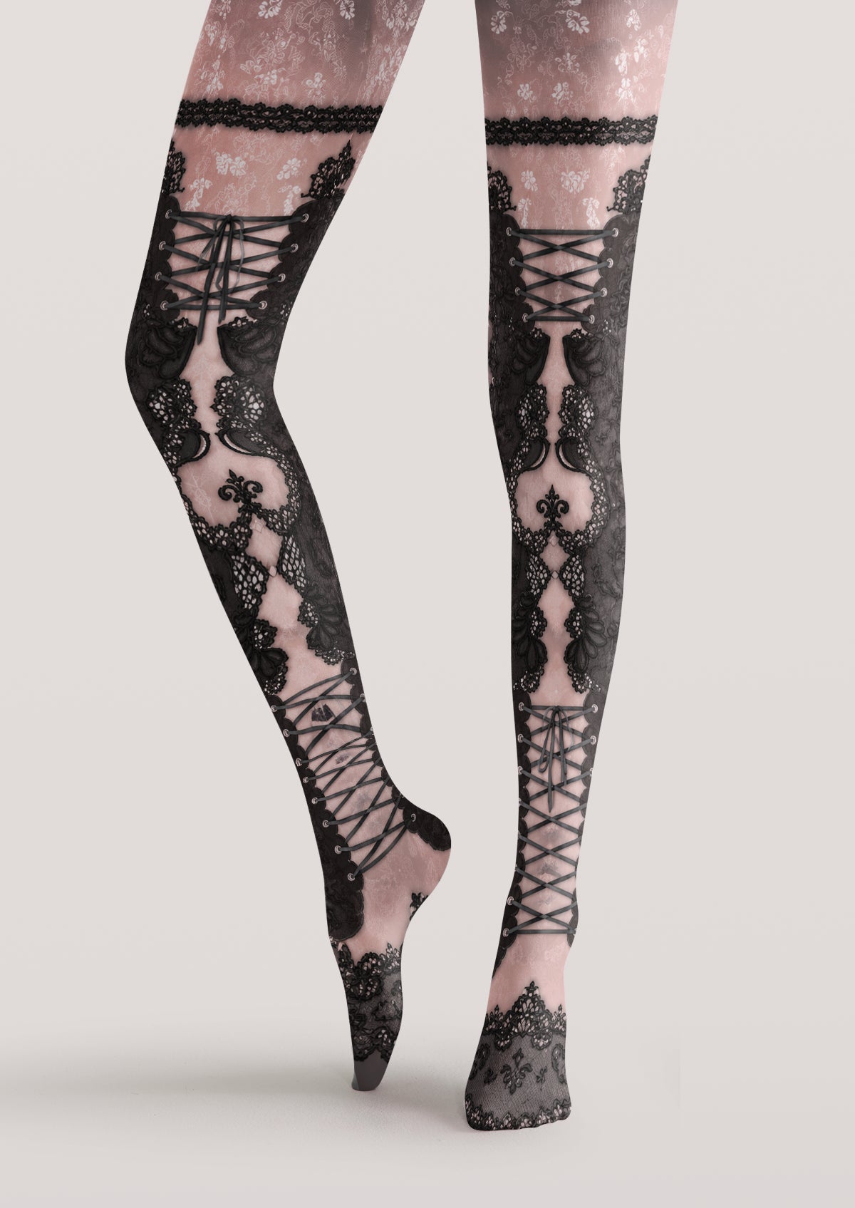 Pink Black Lace-Up Tights