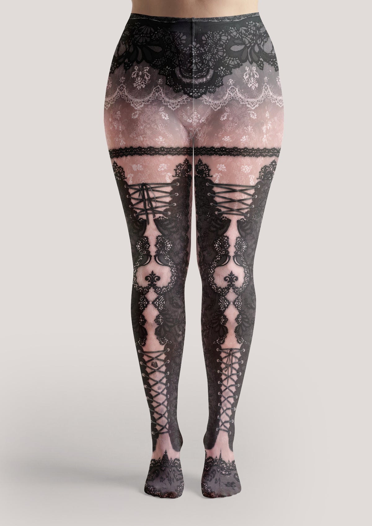 Pink Black Lace-Up Tights