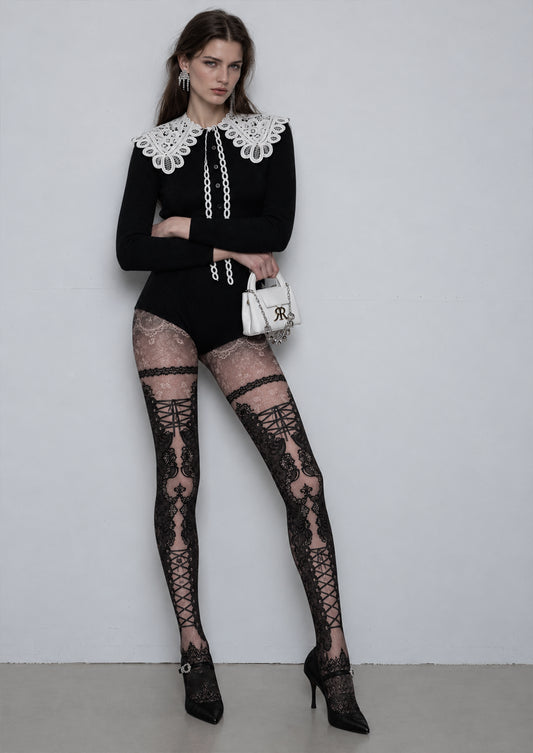 Pink Black Lace-Up Tights