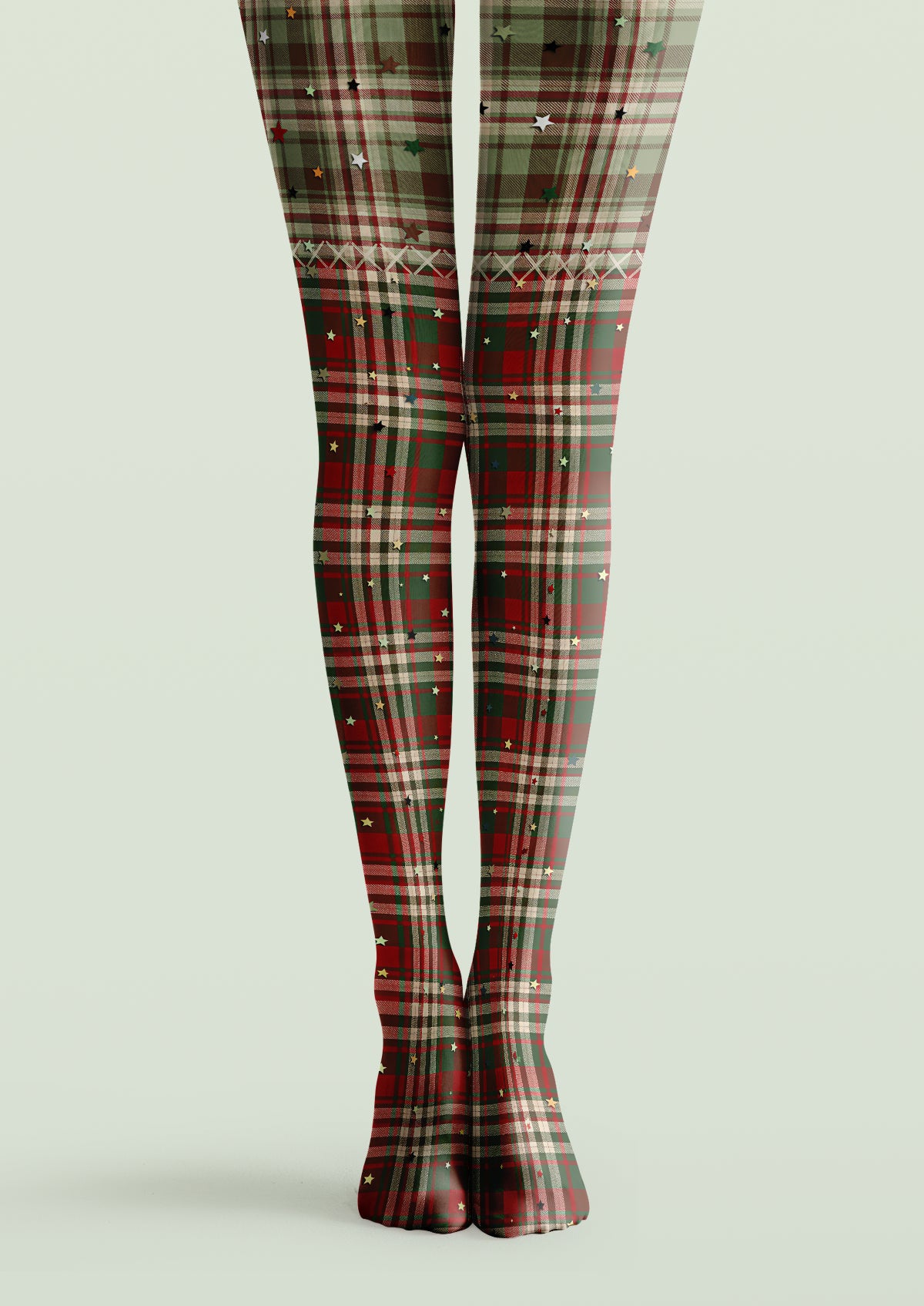 Red and green plaid printed tights with beige checks, scattered multicolor stars and a diamond-pattern border