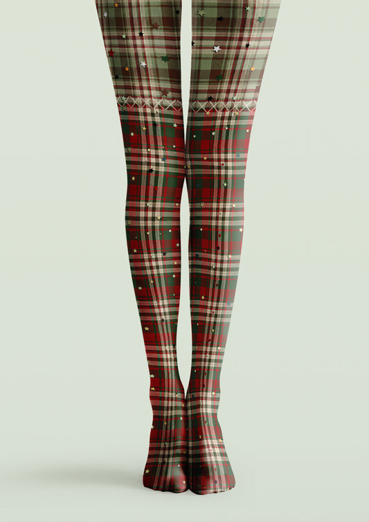 Red and green plaid printed tights with beige checks, scattered multicolor stars and a diamond-pattern border
