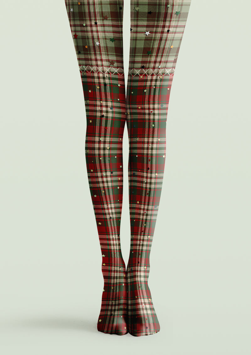 Red and green plaid printed tights with beige checks, scattered multicolor stars and a diamond-pattern border