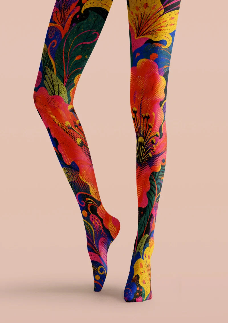 Multicolor tights with oversized orange, pink, yellow, and blue flowers, green leaves, and speckled details on black.