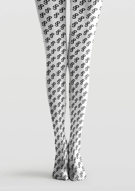 White tights with repeating black double-loop motifs in staggered diagonal rows along the legs and feet.
