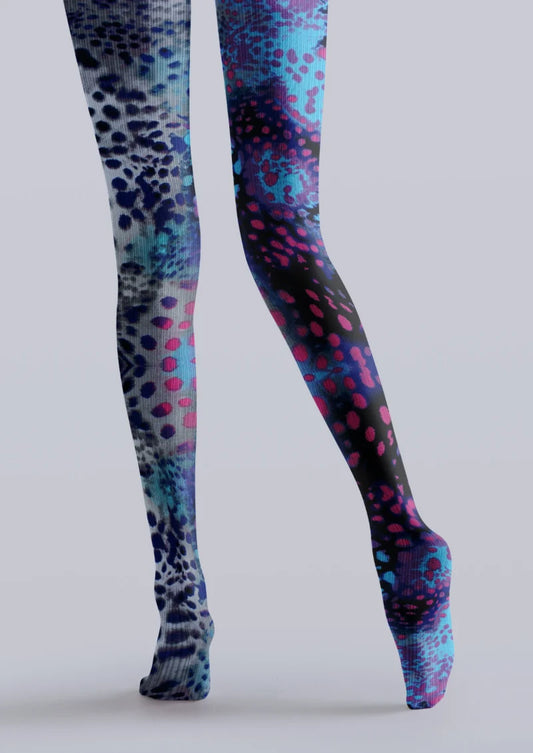Blue tights with irregular leopard spots in black and pink, interspersed with pale gray areas.